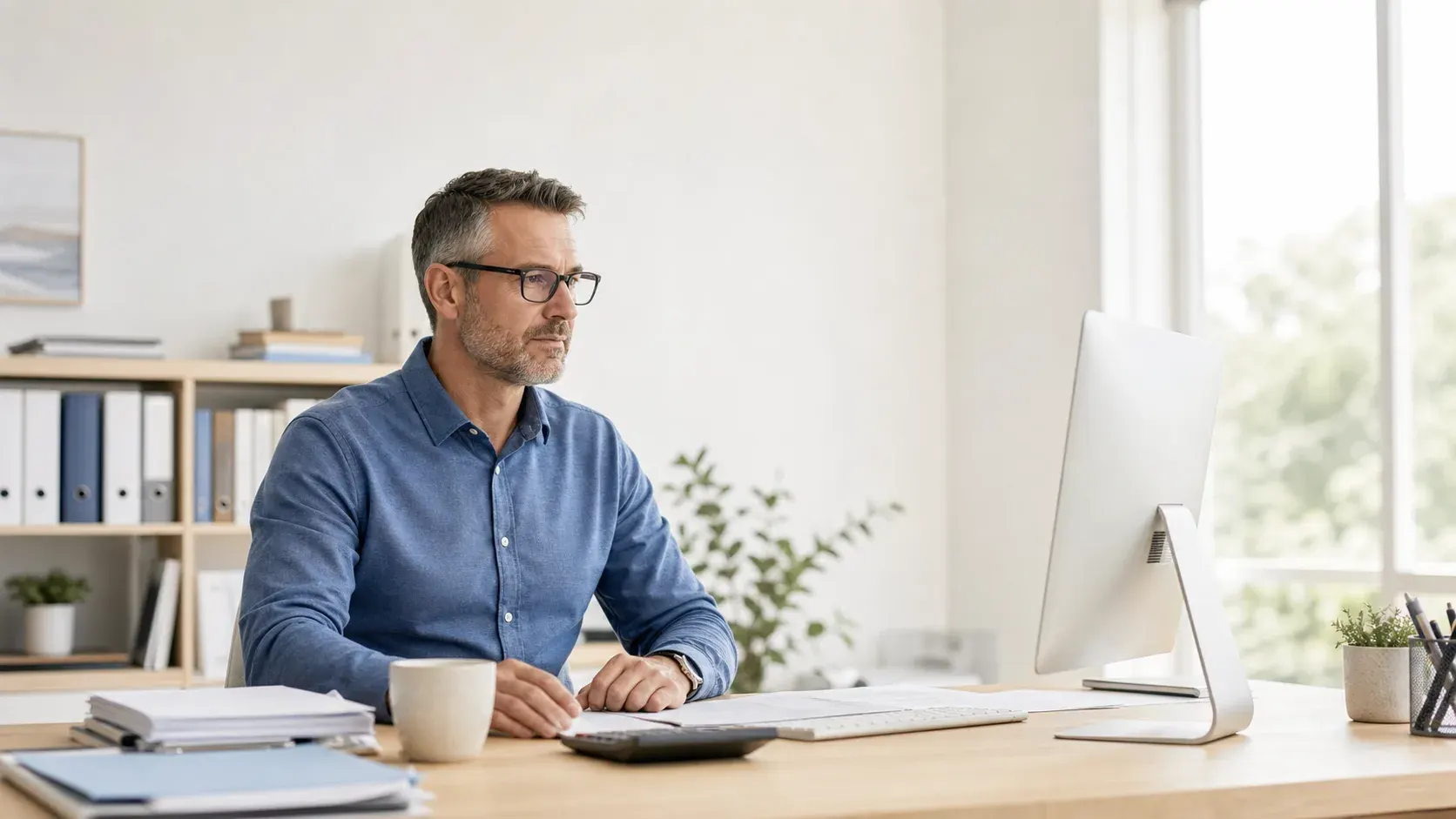 Accountant reviewing client documents beside a desktop computer