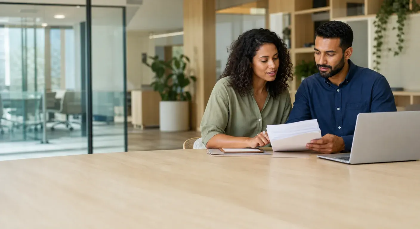 HR professionals reviewing onboarding documents in a modern office